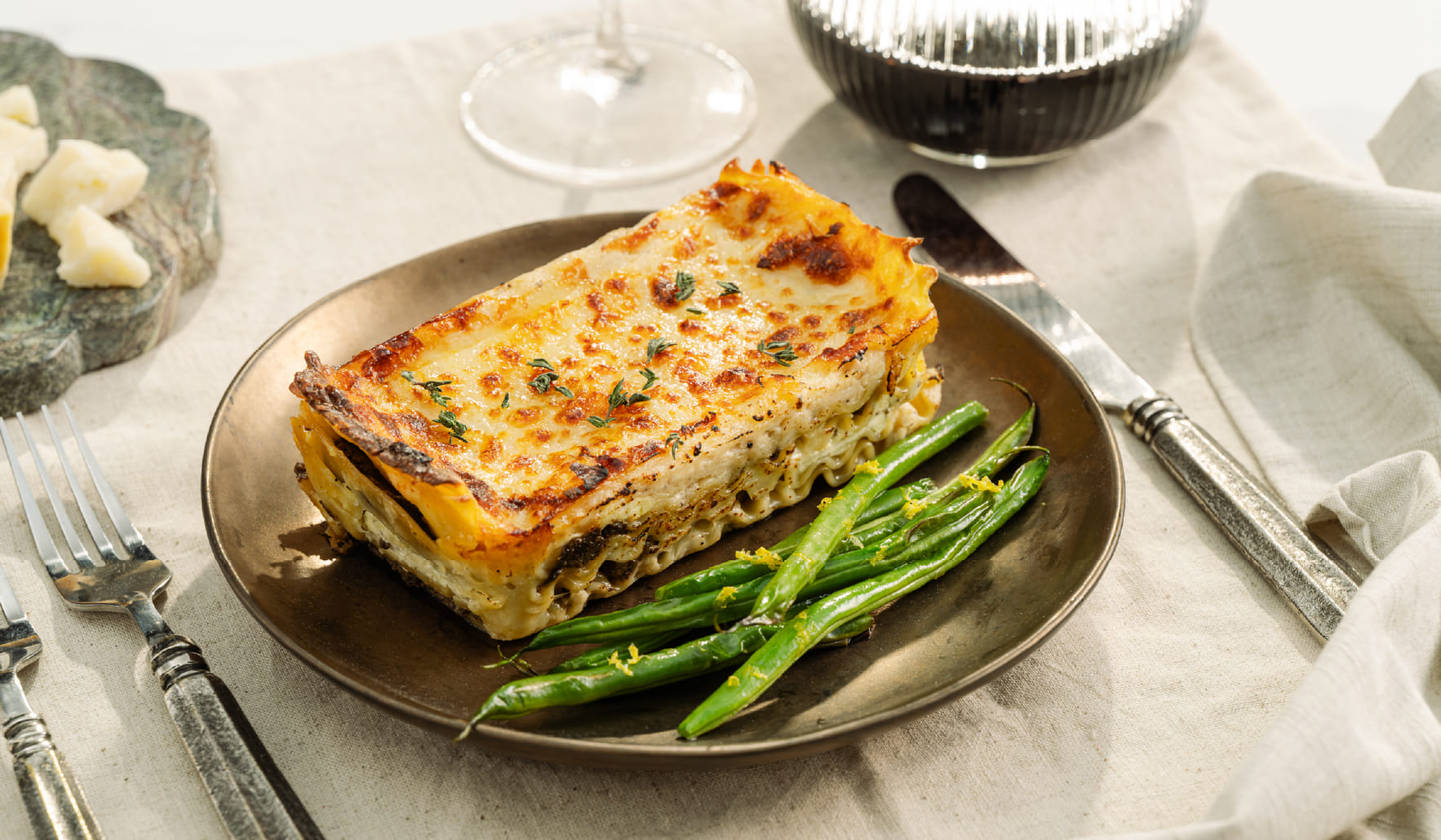 Mini Mushroom Lasagna With Lemon Garlic Green Beans
