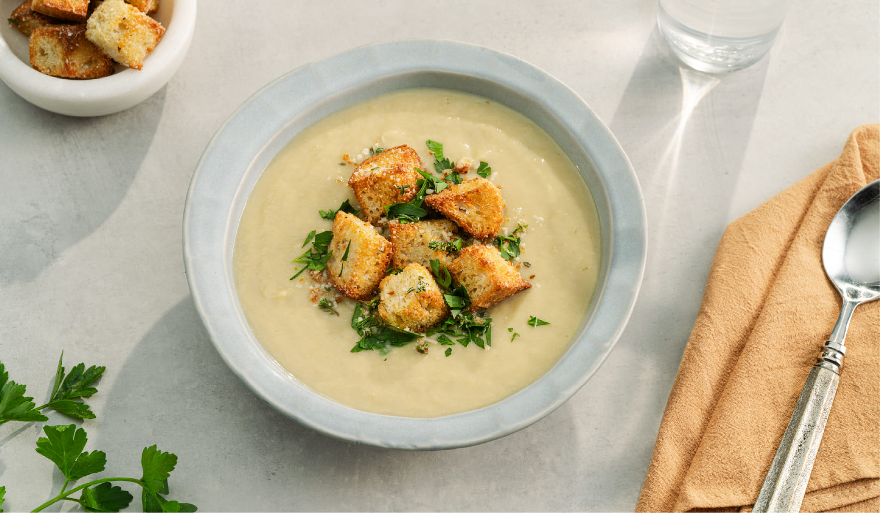 Roasted Artichoke Soup with Herbed Croutons