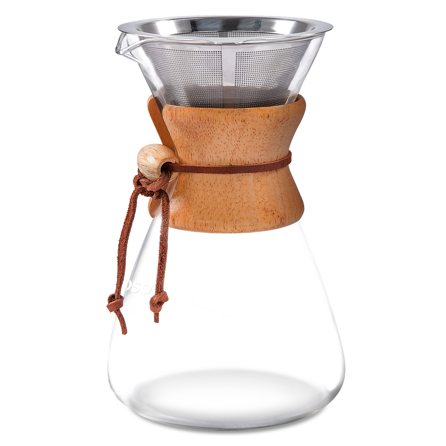 Empty glass carafe and stainless steel filter of COSORI Original 8-Cup Pour-Over Coffee Maker