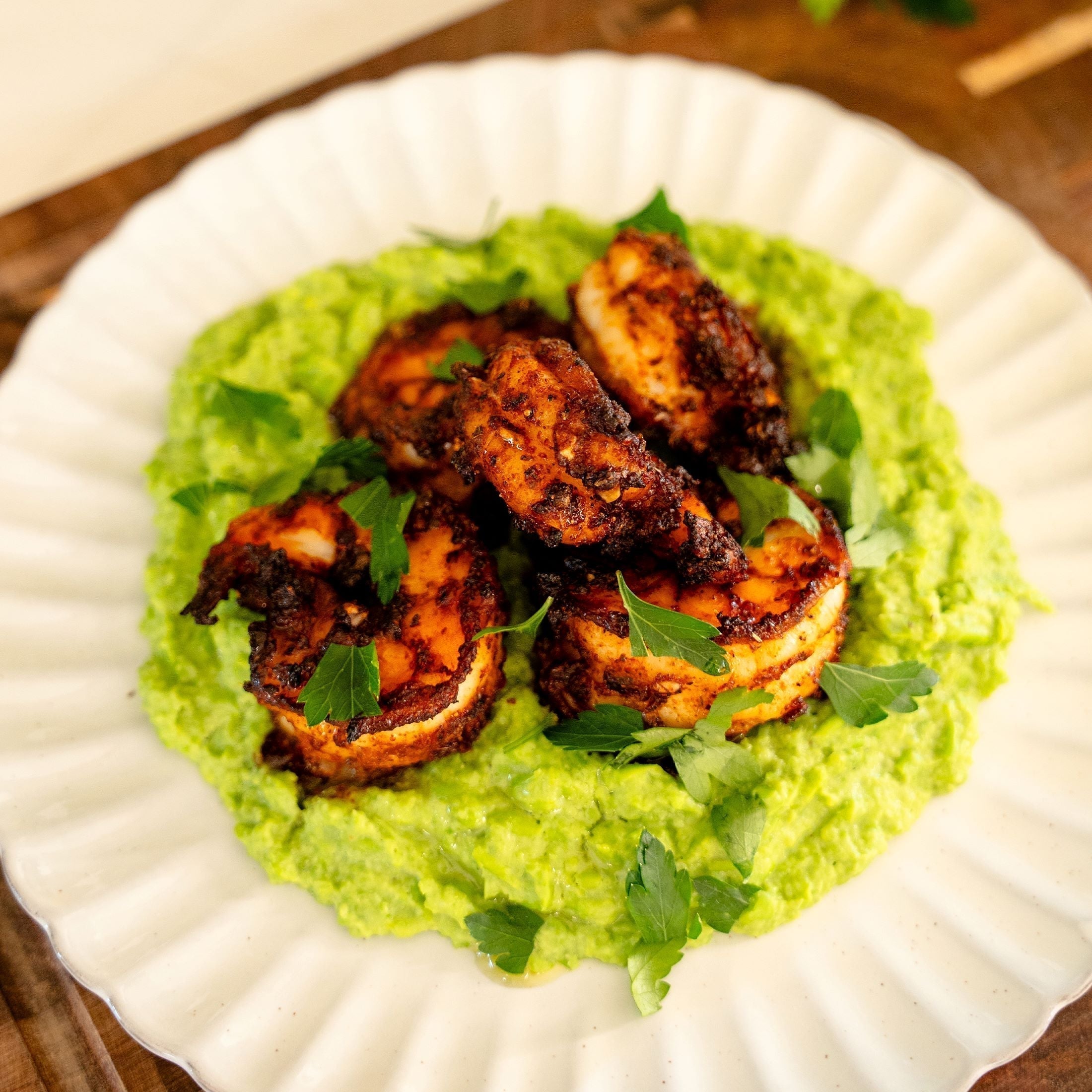 Blackened Air Fryer Shrimp with Mushy Peas