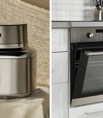 A compact Cosori air fryer and a full-size kitchen oven shown side-by-side for comparison.