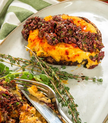 Hummus-Filled Portobello's with Olive Tapenade