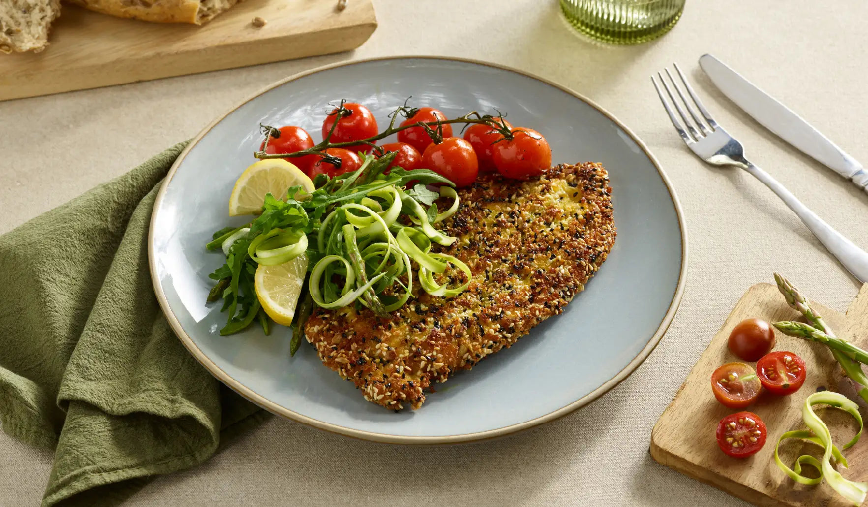 Seeded Chicken Schnitzel With Lemony Arugula Salad 