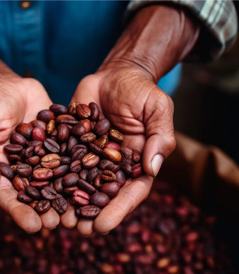 Hands holding freshly harvested coffee cherries, representing coffee origins and bean cultivation