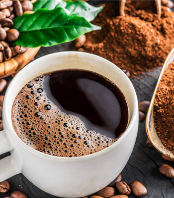 Coffee beans, ground coffee, and brewed cup illustrating the fundamentals of coffee flavor