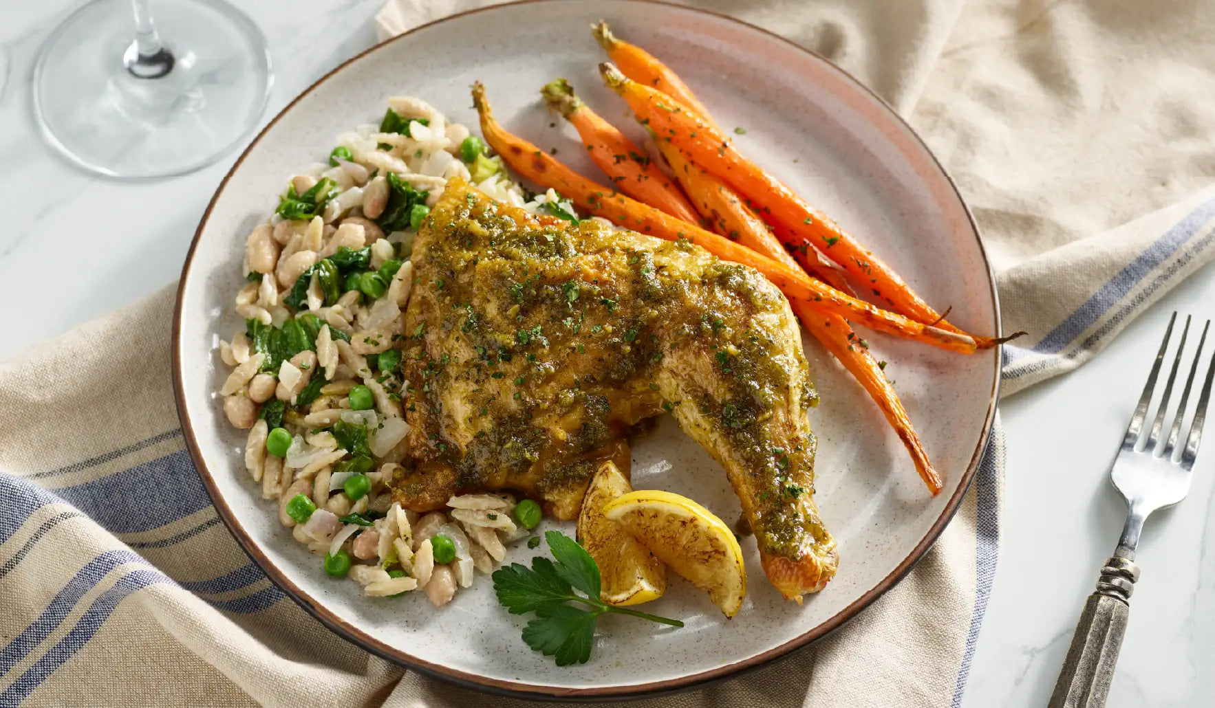 Roasted Chicken with Spring Vegetables, White Beans, and Pistou 