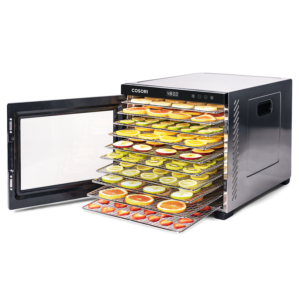 COSORI Premium Pro 10-Tray Food Dehydrator with trays extended showing sliced fruit drying