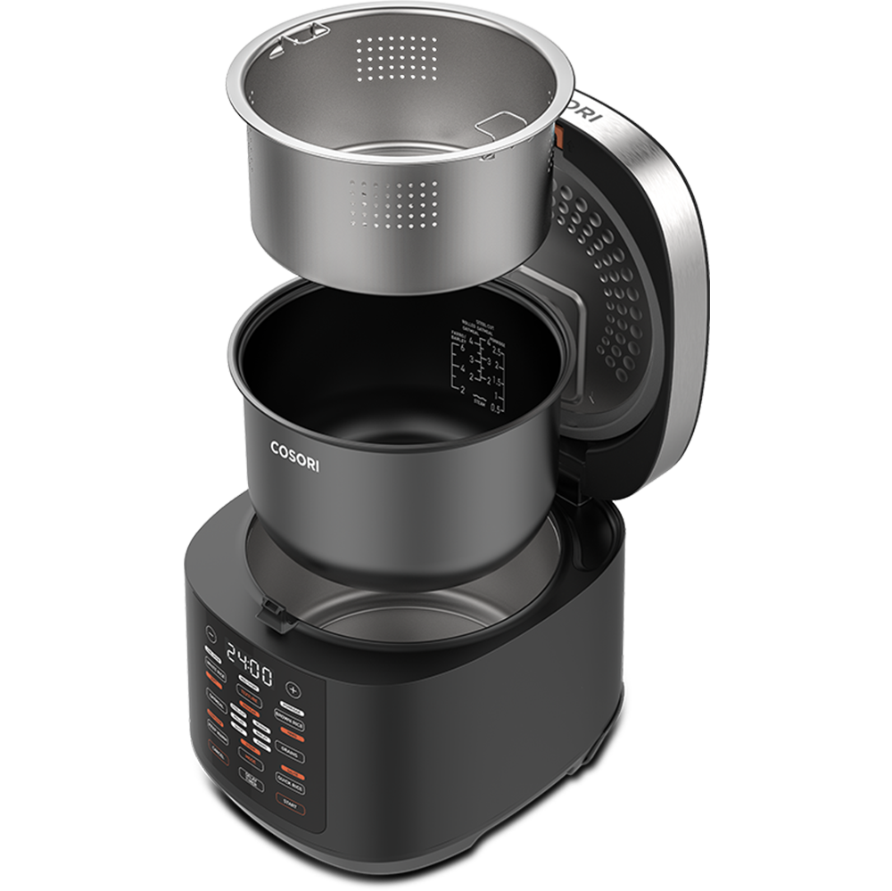 Exploded view of the Cosori Rice Cooker showing the nonstick inner pot and stainless steel steam basket.