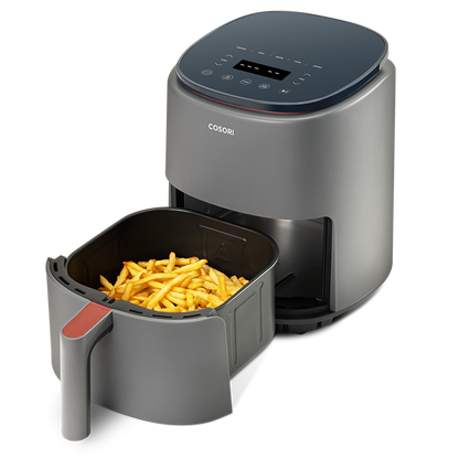 COSORI Lite 4.0-Quart Smart Air Fryer with basket pulled out showing cooked fries