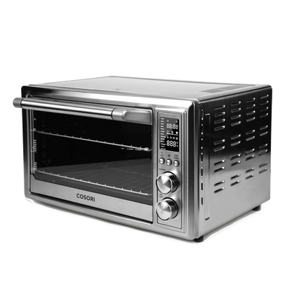 Angled side view of COSORI 30 Liter Smart Air Fryer Toaster Oven with stainless steel exterior