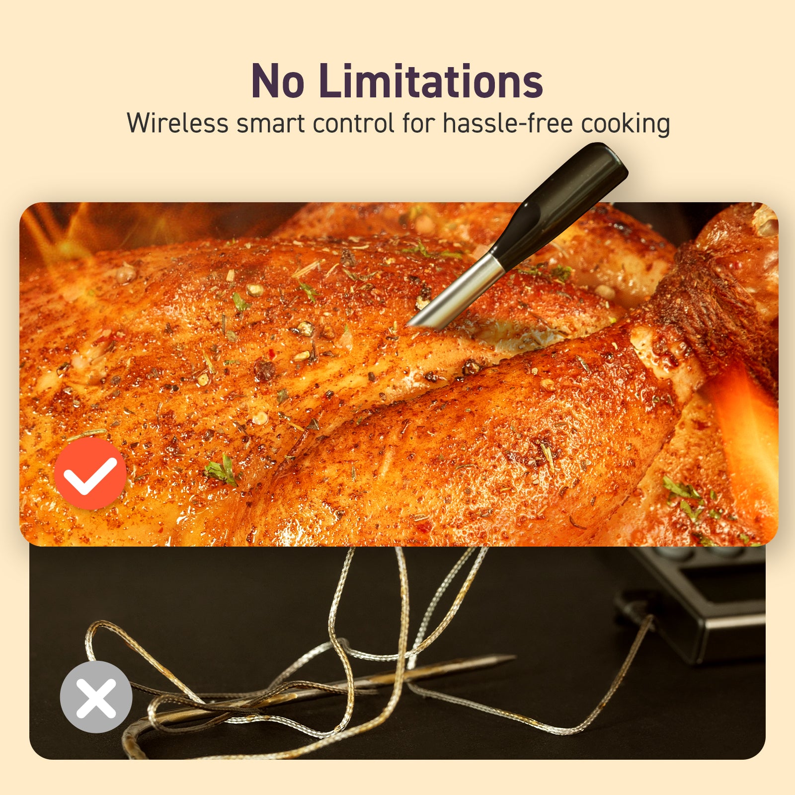 COSORI wireless meat thermometer probe cooking meat on grill