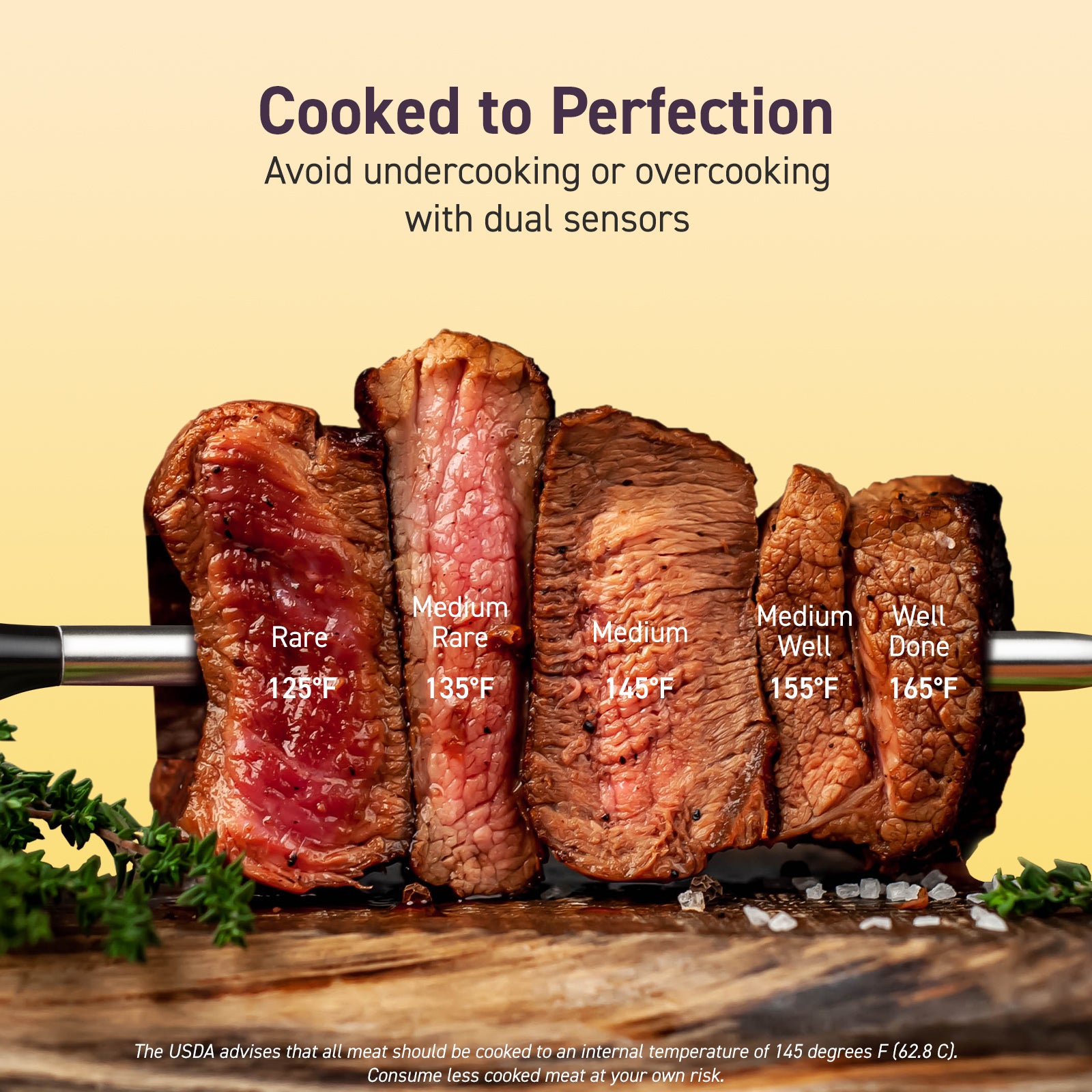 COSORI smart meat thermometer showing steak doneness levels