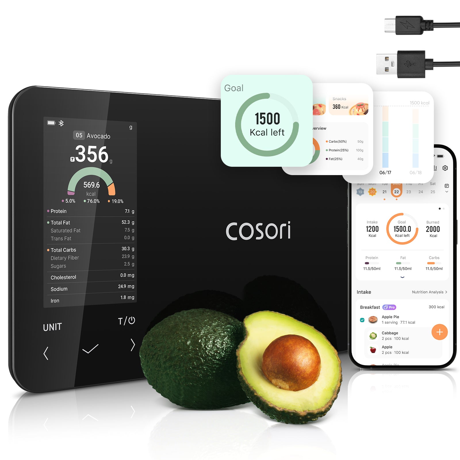 COSORI NutriLens smart food scale measuring avocado nutrition