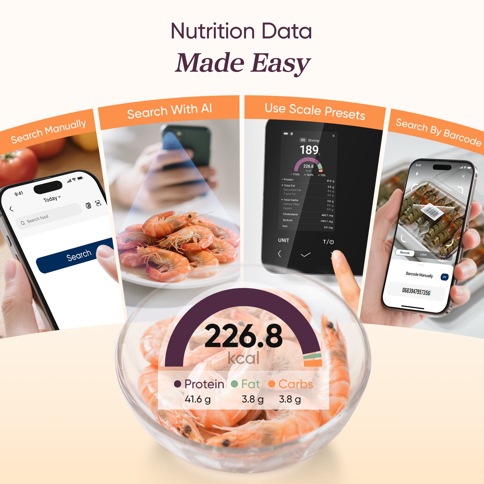 COSORI NutriLens nutrition tracking app showing food nutrition data