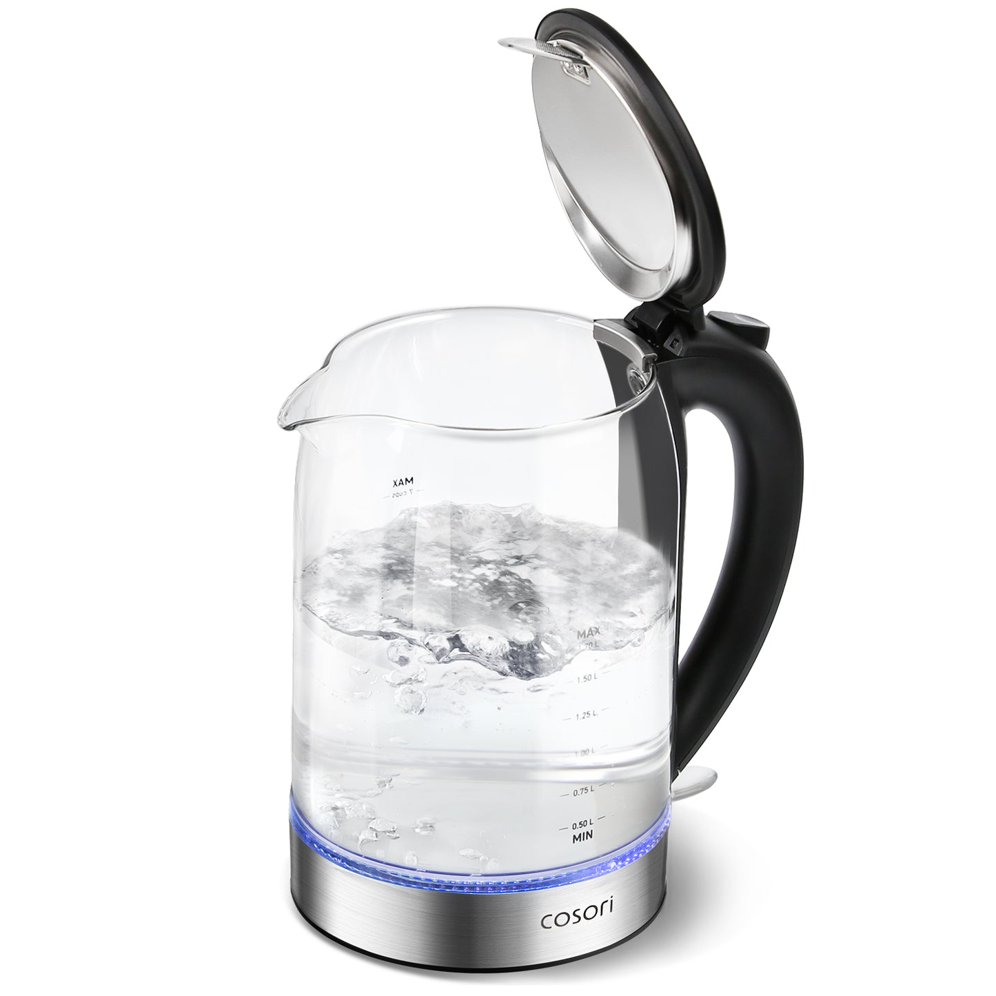 COSORI glass electric kettle with open lid and water boiling