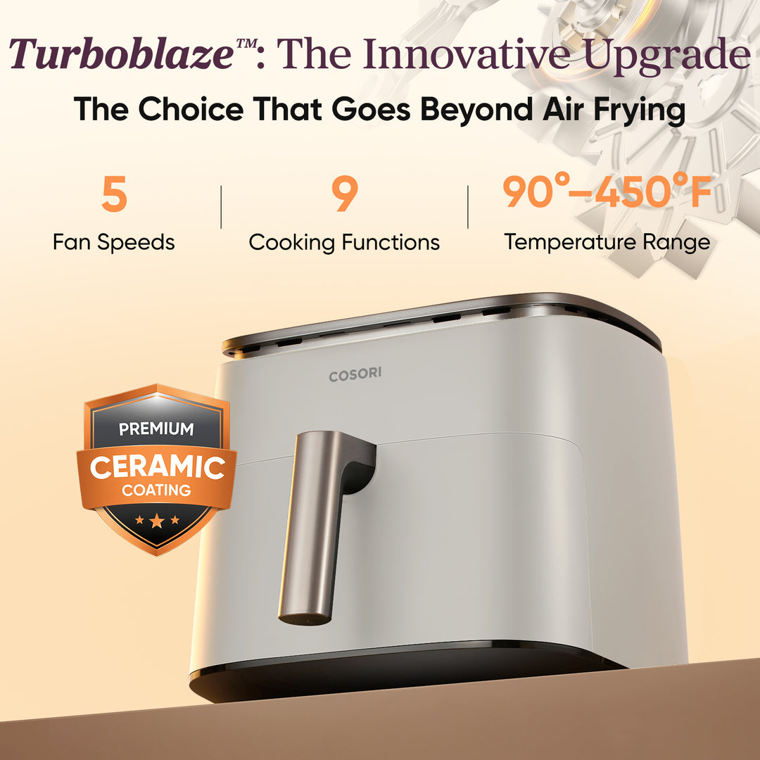 COSORI TurboBlaze 6-quart air fryer feature graphic showing 5 fan speeds, 9 cooking functions, and 90°F–450°F temperature range
