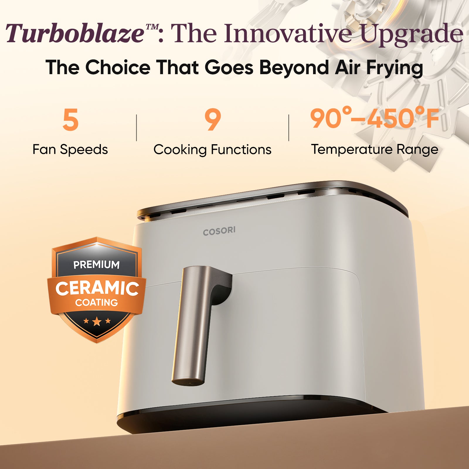 COSORI TurboBlaze 6-quart air fryer feature graphic showing 5 fan speeds, 9 cooking functions, and 90°F–450°F temperature range
