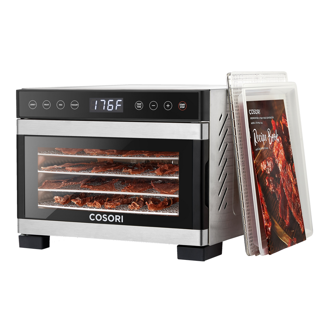 COSORI Premium Mini 5-tray food dehydrator with dried jerky inside