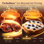 COSORI TurboBlaze air fryer feature graphic showing fan speed cooking modes for chicken and cake