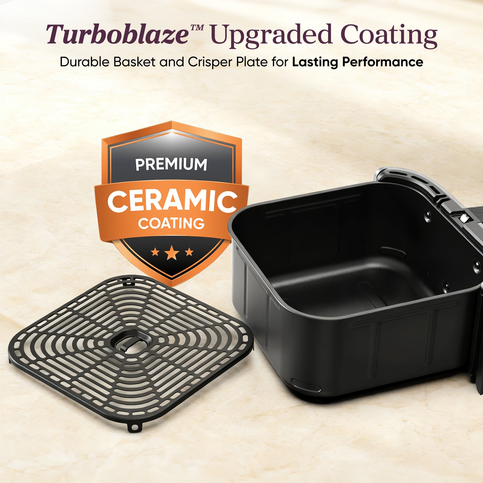 COSORI TurboBlaze air fryer basket and crisper plate with premium ceramic coating
