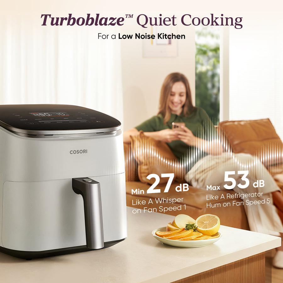 COSORI TurboBlaze air fryer quiet cooking performance 27 dB to 53 dB low noise