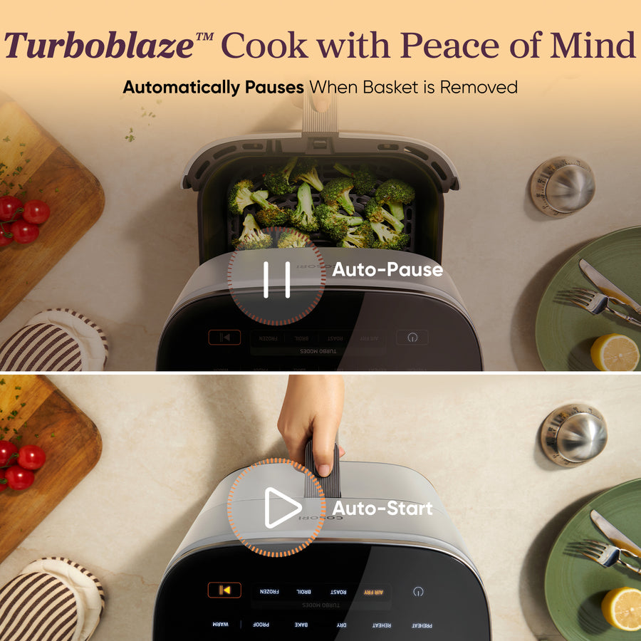 COSORI TurboBlaze air fryer auto pause and auto start safety feature when basket removed
