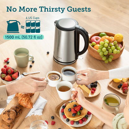 COSORI 1.5L electric kettle serving tea for multiple guests