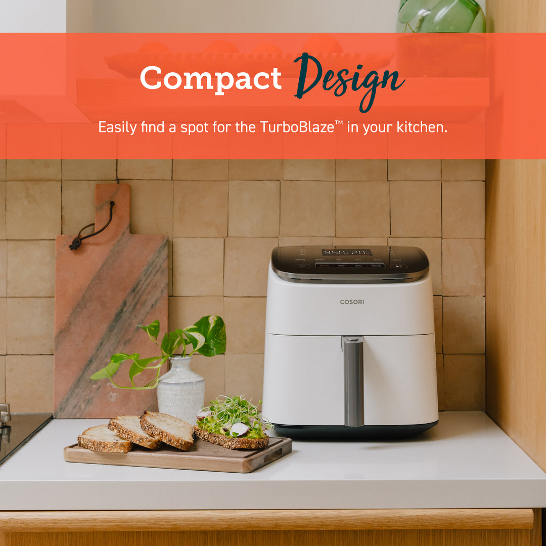 COSORI TurboBlaze compact air fryer design for kitchen countertop