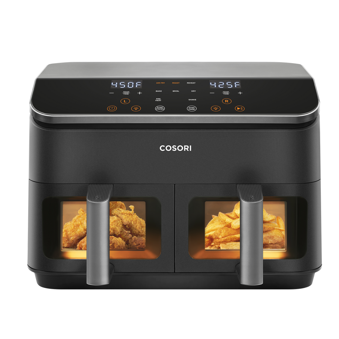 COSORI 9-quart dual basket air fryer front view with two baskets