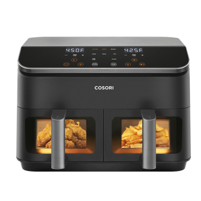 COSORI 9-quart dual basket air fryer front view with two baskets