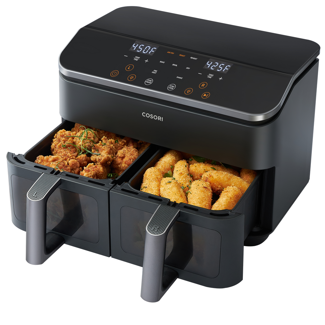 COSORI 9-quart dual basket air fryer with two cooking drawers