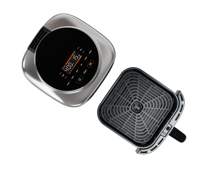 Cosori Iconic air fryer basket and crisper plate shown separately, featuring PFAS-free ceramic coating