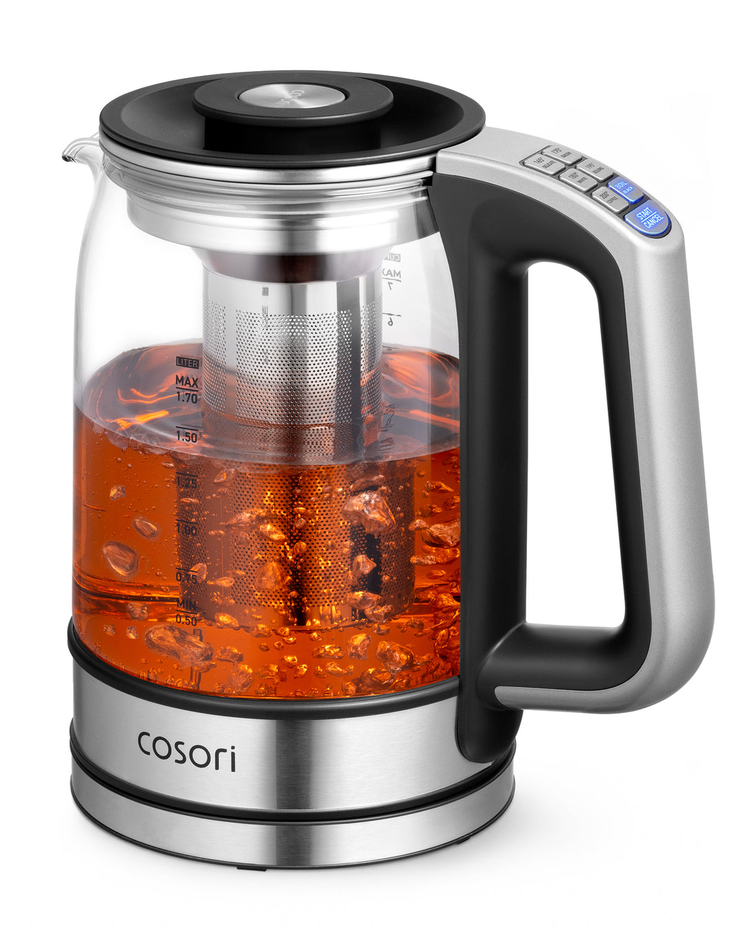COSORI 1.7L glass electric kettle with stainless steel tea infuser brewing amber tea