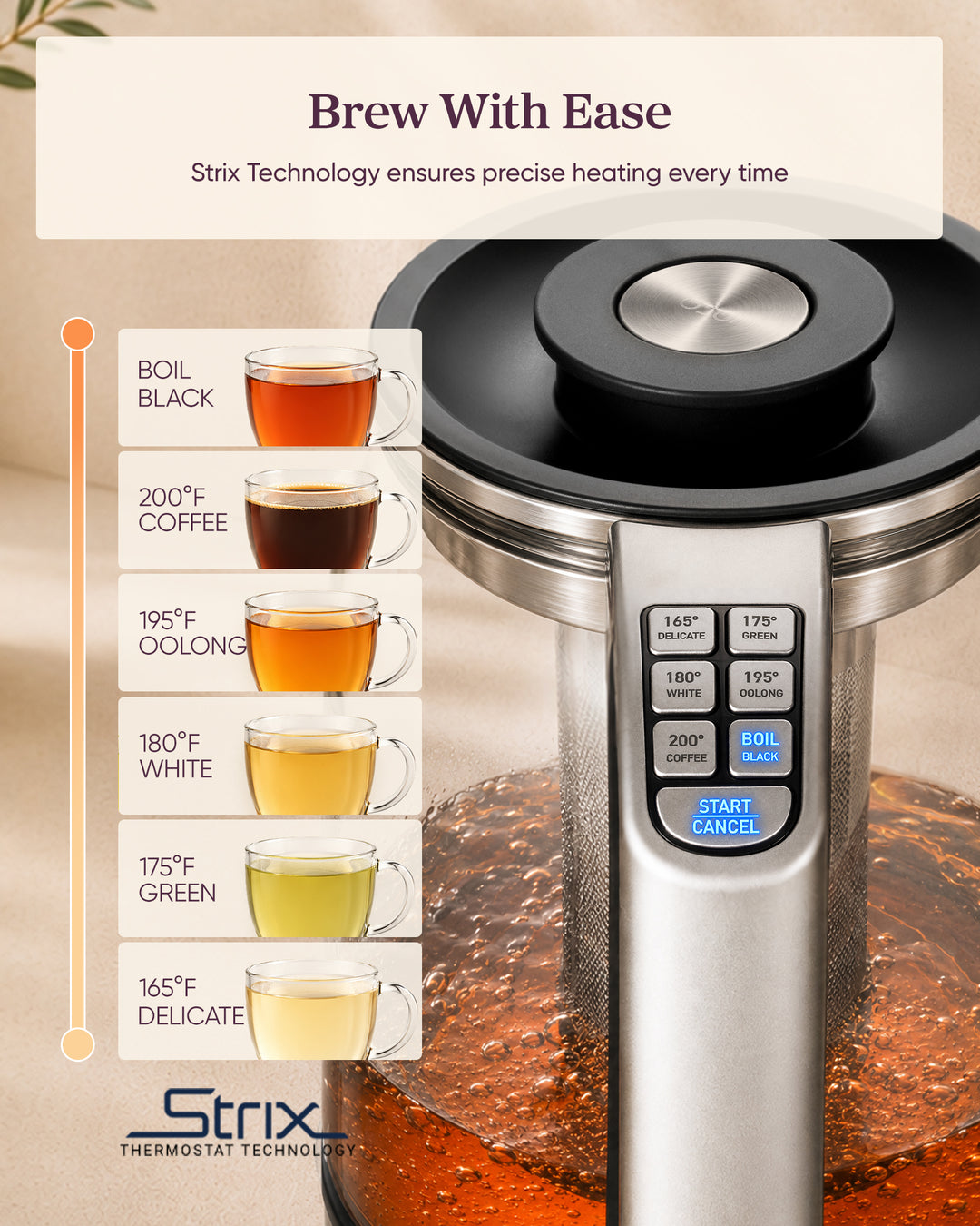 COSORI electric kettle control panel with temperature presets for different teas and coffee