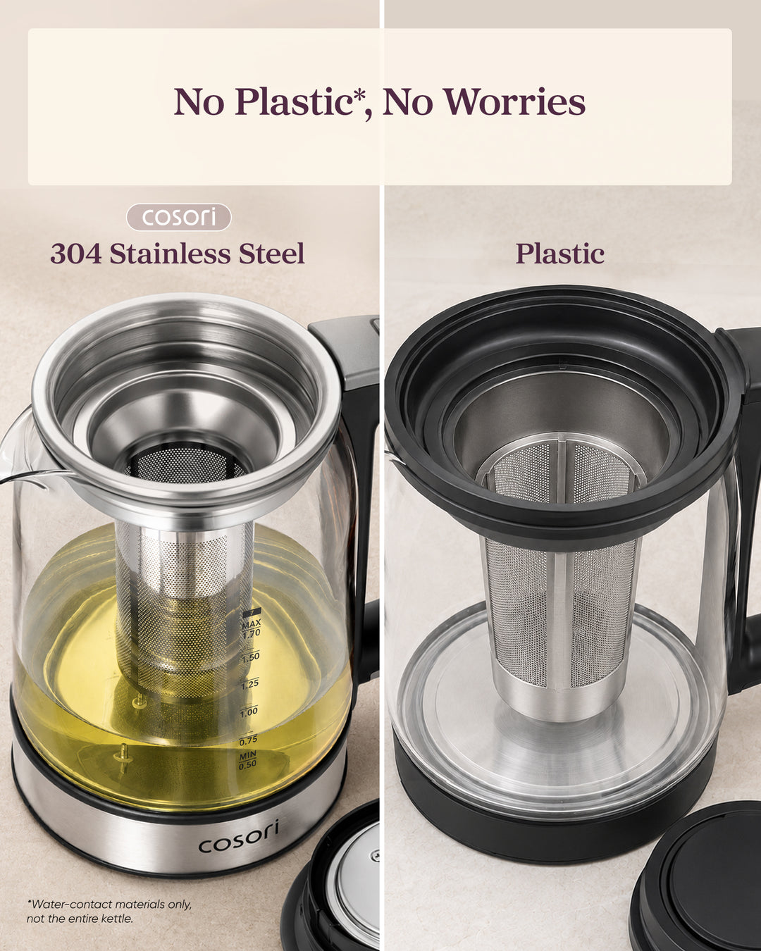 Comparison of COSORI 304 stainless steel tea infuser versus a plastic infuser