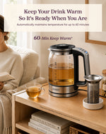 COSORI kettle on a shelf keeping tea warm automatically for up to 60 minutes