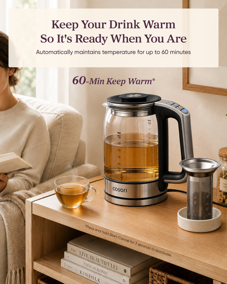 COSORI kettle on a shelf keeping tea warm automatically for up to 60 minutes