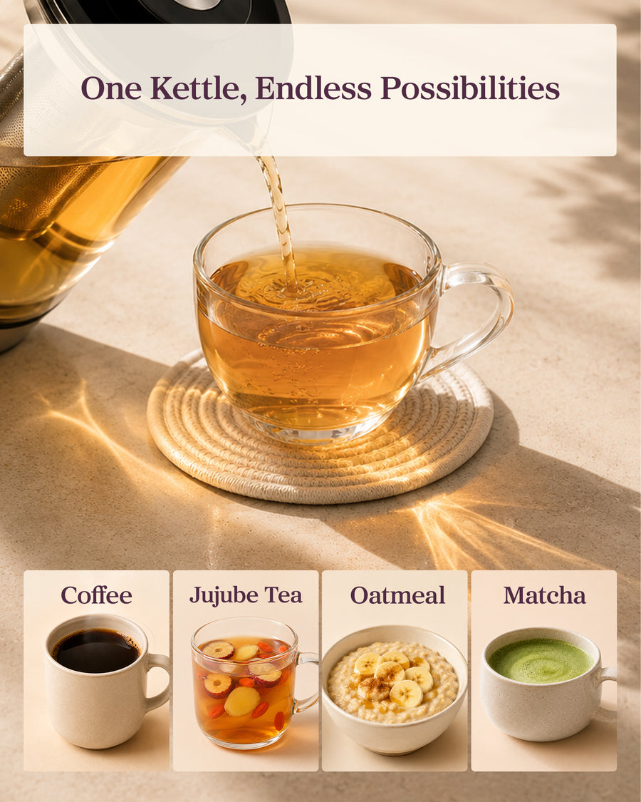 Cups of coffee, jujube tea, oatmeal and matcha made with one COSORI electric kettle