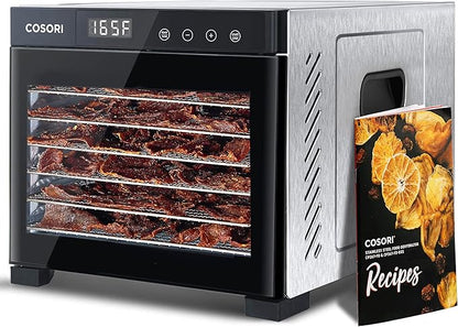 COSORI food dehydrator displayed with dried food ingredients beside the unit