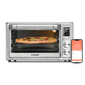 COSORI 30 Liter Smart Air Fryer Toaster Oven with pizza inside and smartphone app displayed beside the unit