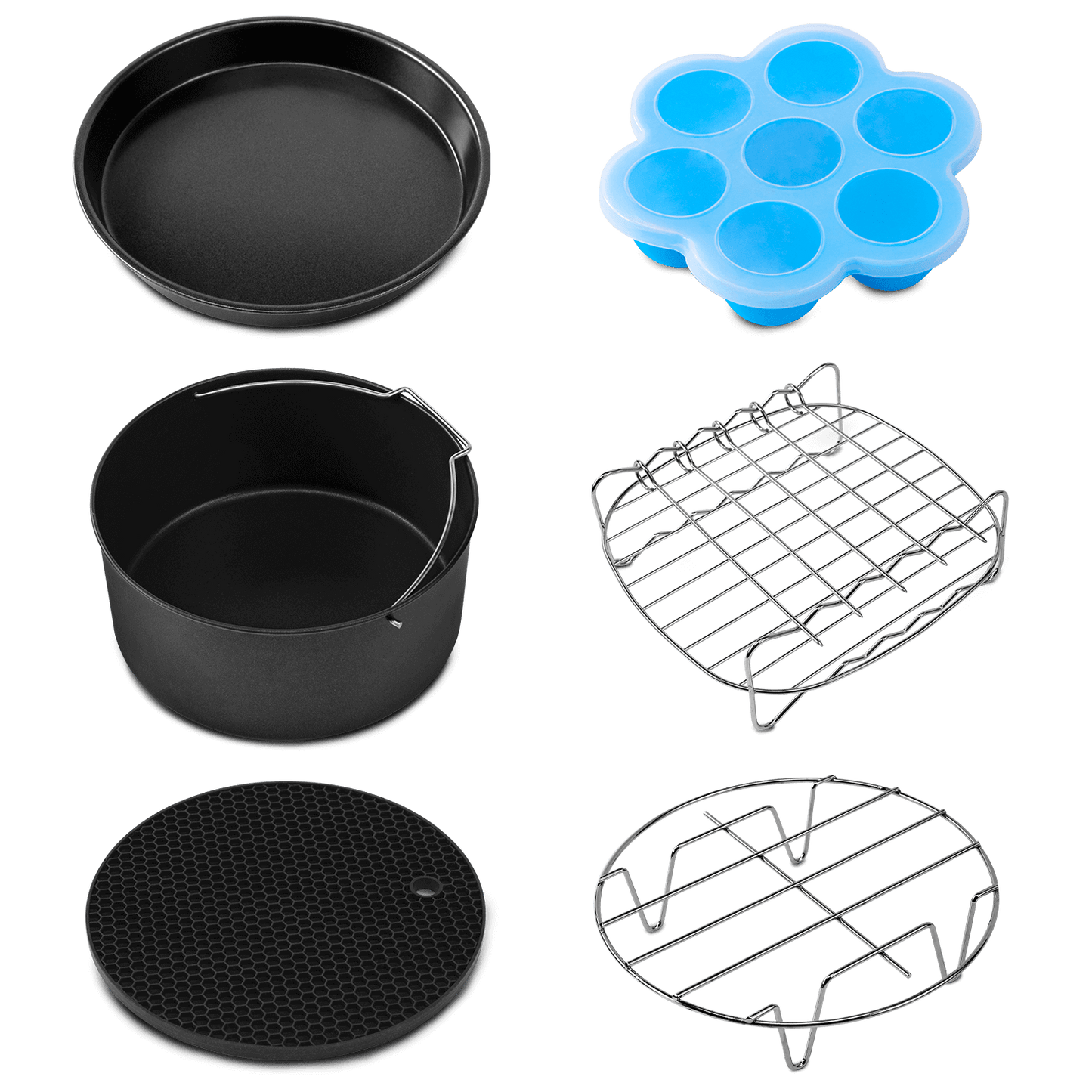COSORI Air Fryer Accessories set including cake pan, pizza pan, rack, silicone mold, and skewer rack