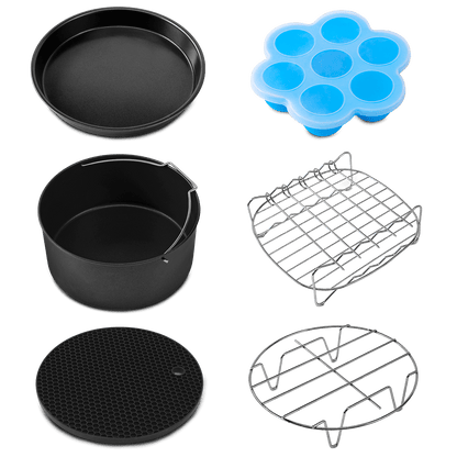 COSORI Air Fryer Accessories set including cake pan, pizza pan, rack, silicone mold, and skewer rack