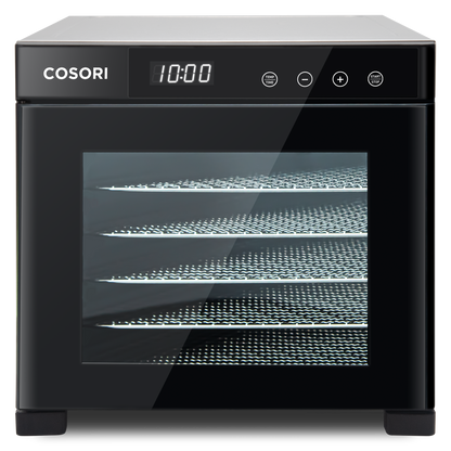 Interior view of COSORI food dehydrator showing multiple stainless steel drying trays