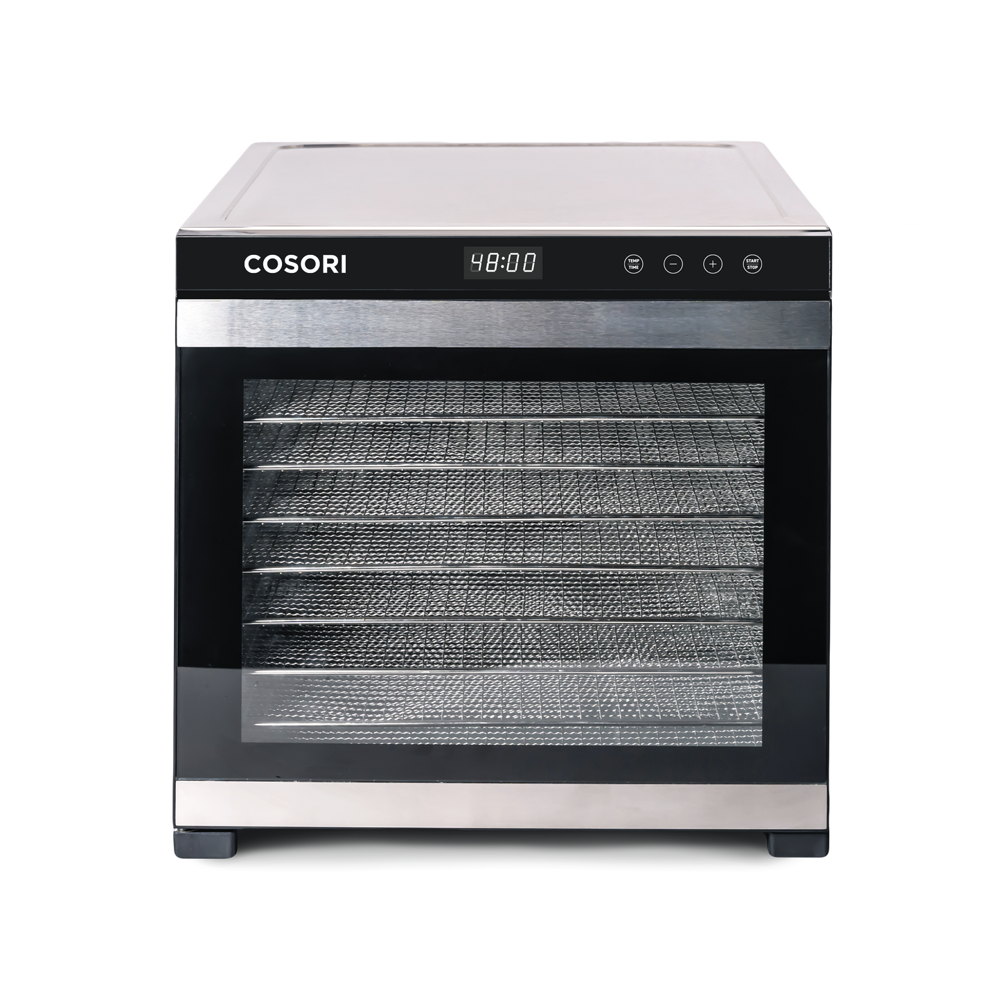 Front view of COSORI Premium Pro 10-Tray Food Dehydrator with stainless steel drying trays