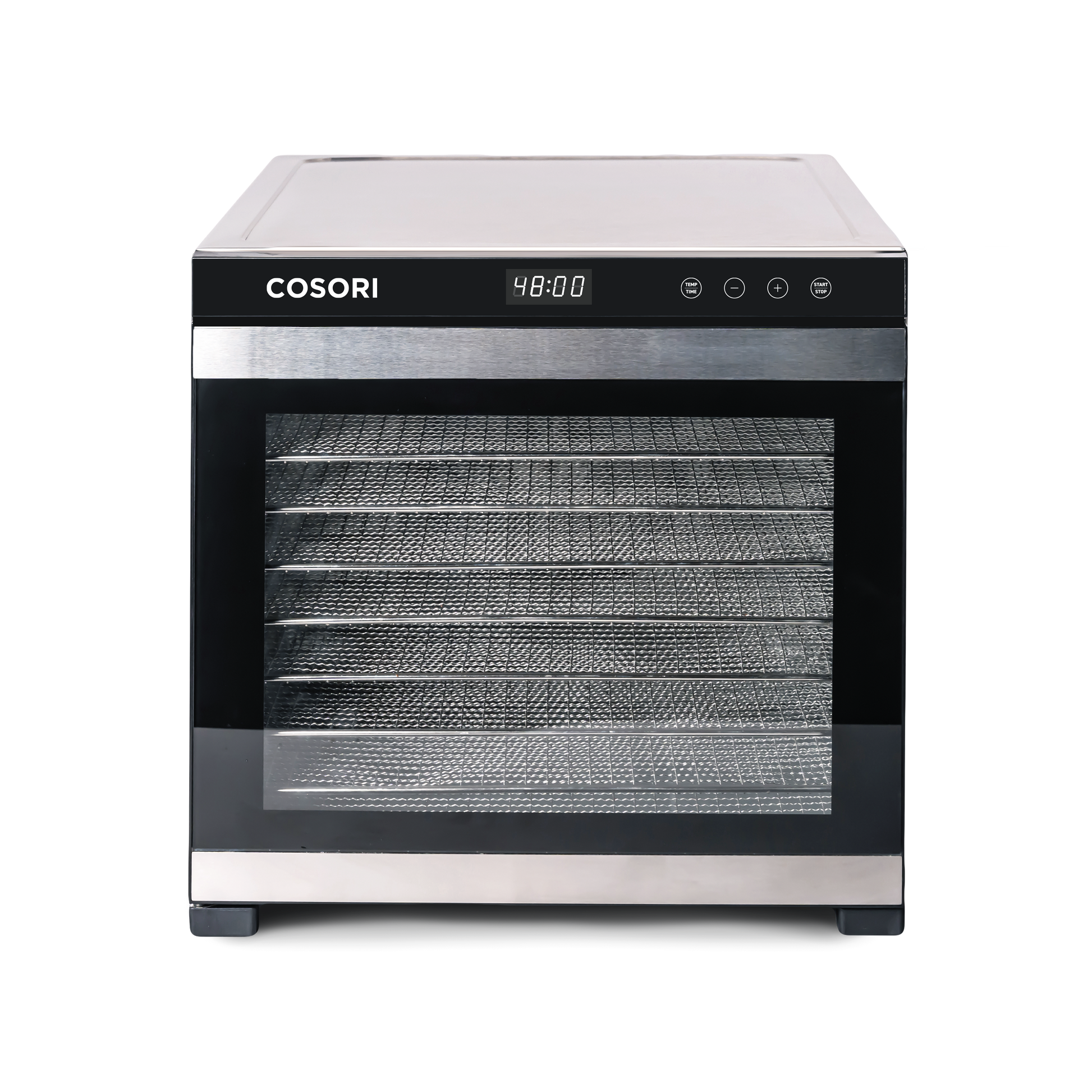 Front view of COSORI Premium Pro 10-Tray Food Dehydrator with stainless steel drying trays