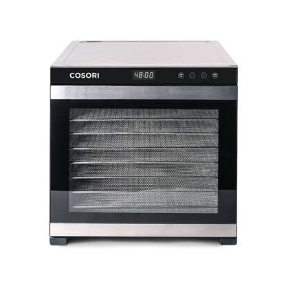 Front view of COSORI Premium Pro 10-Tray Food Dehydrator with stainless steel drying trays