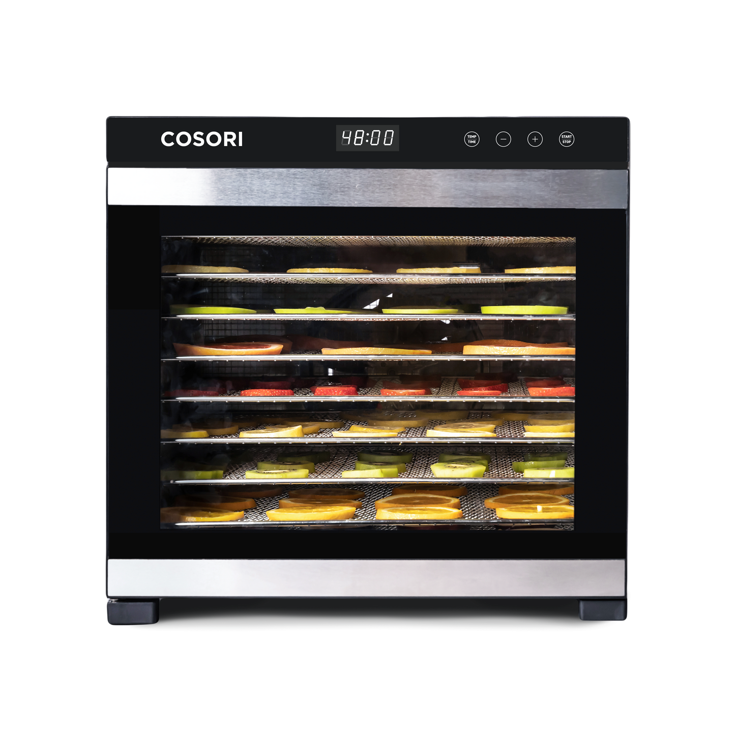 COSORI Premium Pro 10-Tray Food Dehydrator operating with food arranged across trays