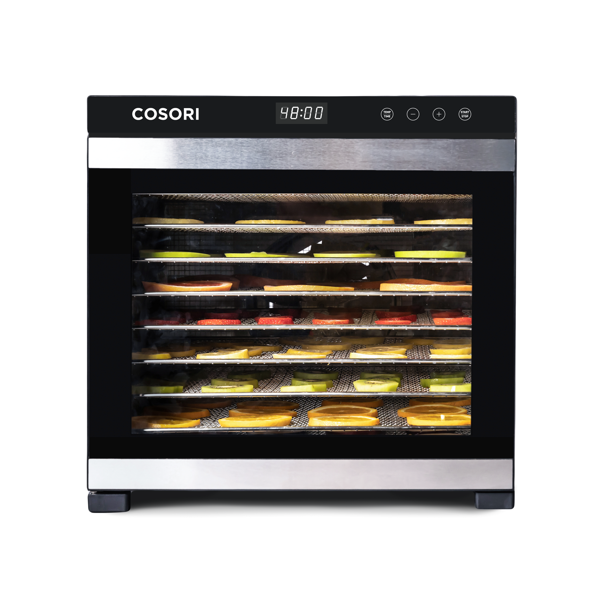 COSORI Premium Pro 10-Tray Food Dehydrator operating with food arranged across trays