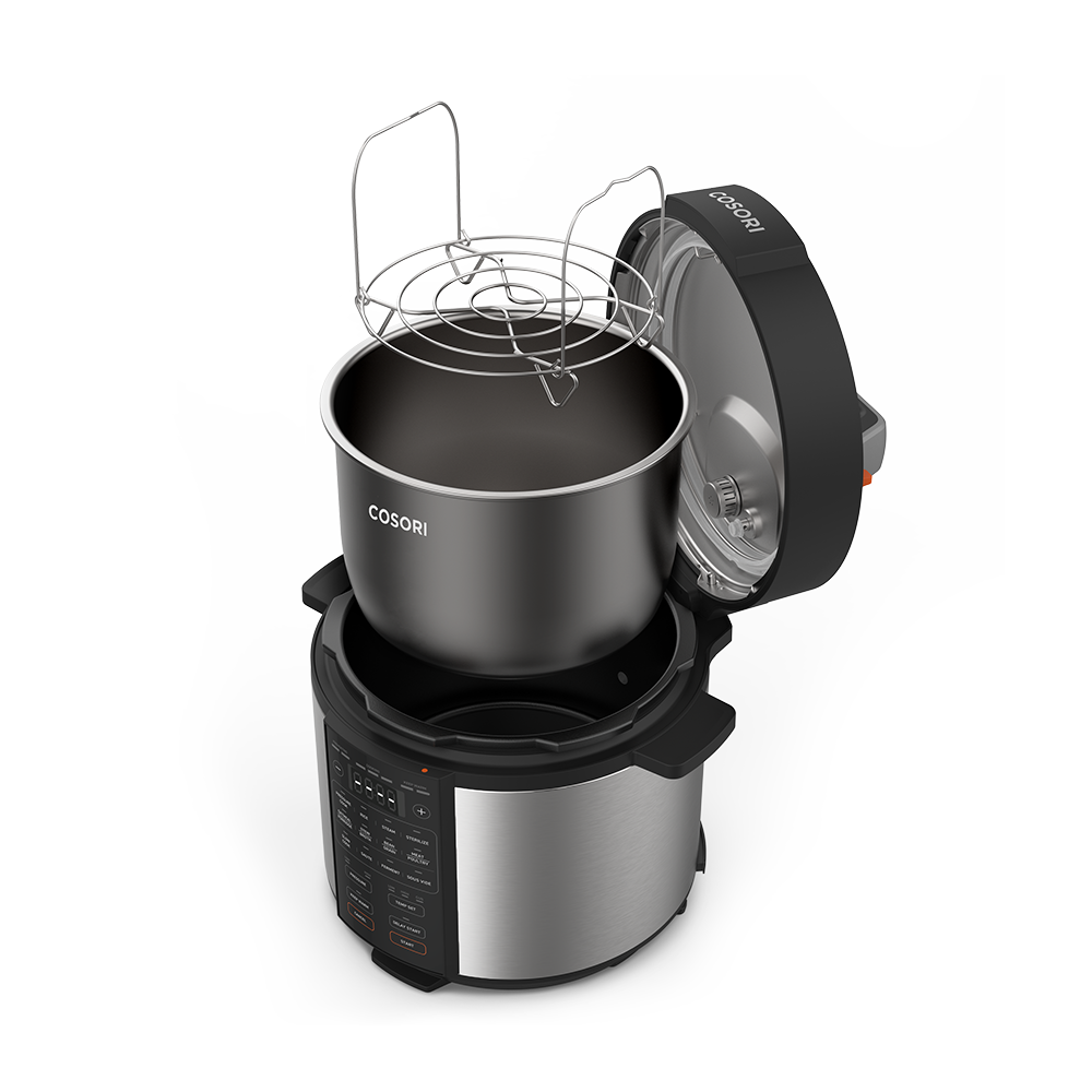Exploded view displaying the steam rack, inner pot, and lid components of the Cosori Pressure Cooker.