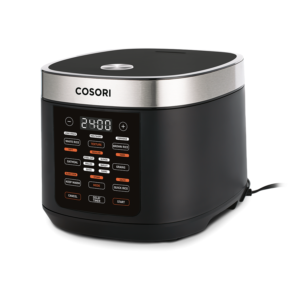 Angled side view of the black Cosori 5.0-Quart Rice Cooker showcasing its sleek modern design.